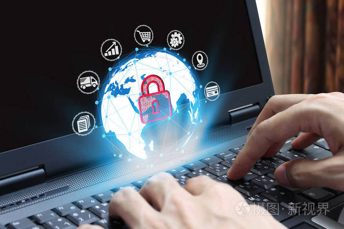 手使用笔记本电脑与挂锁图标技术, 网络安全数据保护业务技术隐私概念